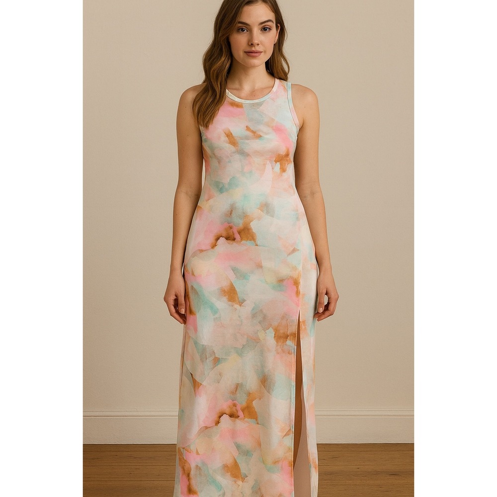 Frye Sleeveless Maxi‎ Dress Abstract Watercolor Print High Slit Summer (834)